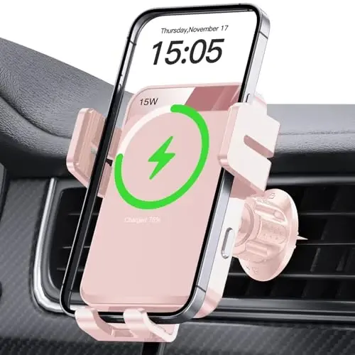 Wireless Car Charger, MOKPR Auto-Clamping Car Mount 15W/10W/7.5W Fast Charging Air Vent Car Phone Mount Compatible with iPhone 15/14/13/13 Pro/12 Pro Max/12 pro/12/11/10 Series, Samsung Galaxy Pink - 1