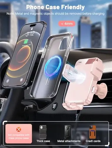 Wireless Car Charger, MOKPR Auto-Clamping Car Mount 15W/10W/7.5W Fast Charging Air Vent Car Phone Mount Compatible with iPhone 15/14/13/13 Pro/12 Pro Max/12 pro/12/11/10 Series, Samsung Galaxy Pink - 4