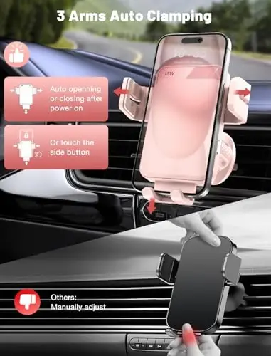 Wireless Car Charger, MOKPR Auto-Clamping Car Mount 15W/10W/7.5W Fast Charging Air Vent Car Phone Mount Compatible with iPhone 15/14/13/13 Pro/12 Pro Max/12 pro/12/11/10 Series, Samsung Galaxy Pink - 5