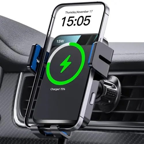 Wireless Car Charger, MOKPR Auto-Clamping Car Mount 15W/10W/7.5W Fast Charging Air Vent Car Phone Mount Compatible with iPhone 16 15/14/13/13 Pro/12 Pro Max/12 pro/12/11/10/8 Series, Samsung Galaxy - 1