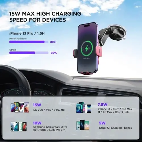Wireless Car Charger,【7 Colored RGB Backlit】Mosurr 15W Auto Clamping Car Charger Phone Mount Holder fit for iPhone 15 14 13 12 Mini Pro Max 11 XR XS, Samsung Galaxy S24 Ultra S23 S22 S21+ Note 20, etc - 3