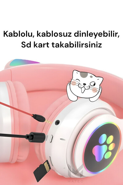 Kablosuz Bluetooth 5.0 Led Işıklı Kedili Kulaklık Hediye ios Android Uyumlu 8d Stereo Hd Ses - 6