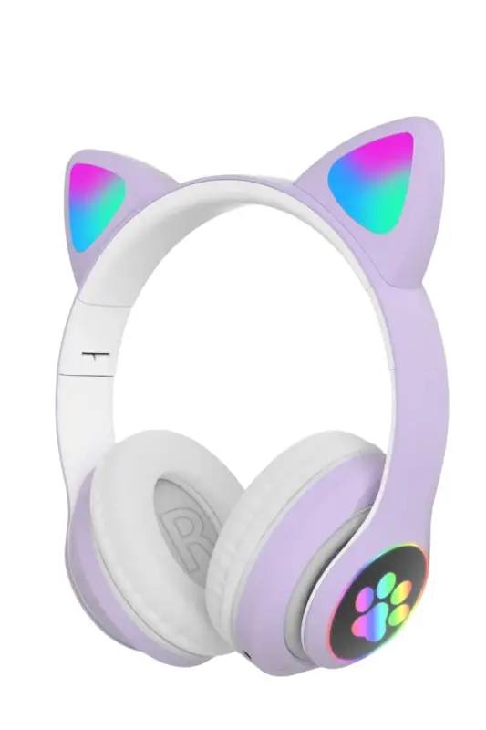 Kablosuz Bluetooth 5.0 Led Işıklı Kedili Kulaklık Hediye ios Android Uyumlu 8d Stereo Hd Ses - Lila - 1