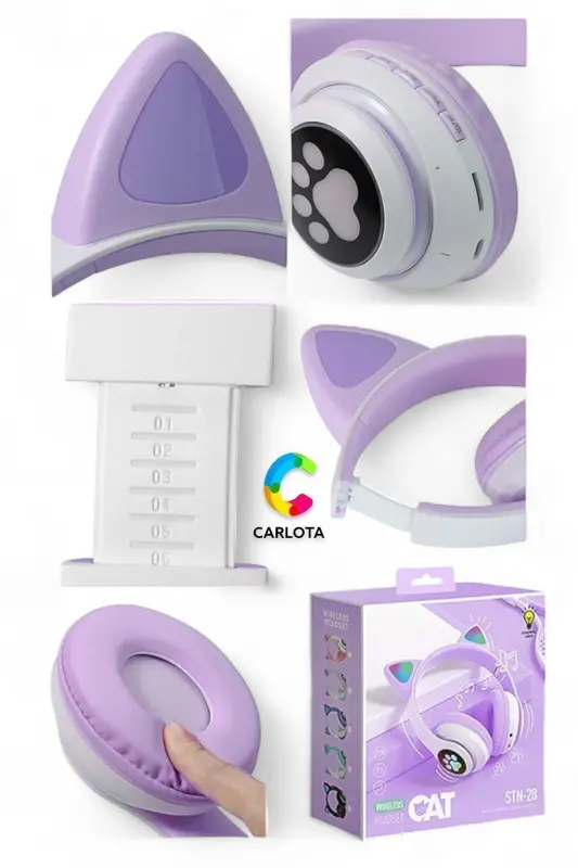 Kablosuz Bluetooth 5.0 Led Işıklı Kedili Kulaklık Hediye ios Android Uyumlu 8d Stereo Hd Ses - Lila - 5