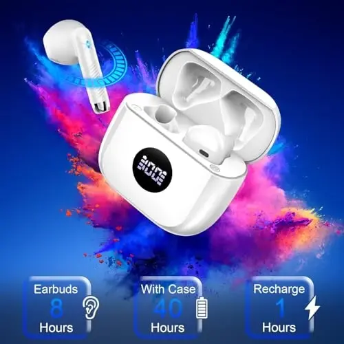 Wireless Bluetooth 5.4 Earbuds, Ear Buds LED Power Display Headphones 6D Stereo, Bluetooth Earbuds in-Ear Noise Cancelling Mic, 40H Playback Mini Case IP7 Waterproof Sports Earphones for Android iOS - 7