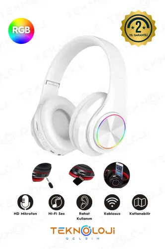 Kablosuz Bluetooth Mikrofonlu Kulaküstü Kulaklık Led Işıklı Katlanabilir Beyaz-BEYAZ 