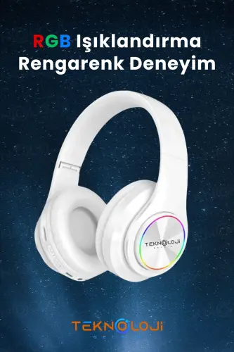 Kablosuz Bluetooth Mikrofonlu Kulaküstü Kulaklık Led Işıklı Katlanabilir Beyaz-BEYAZ - TEKNOLOJI GELSIN (1)
