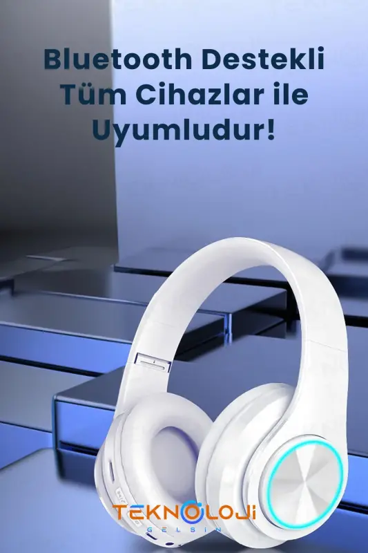Kablosuz Bluetooth Mikrofonlu Kulaküstü Kulaklık Led Işıklı Katlanabilir Beyaz-BEYAZ - 3
