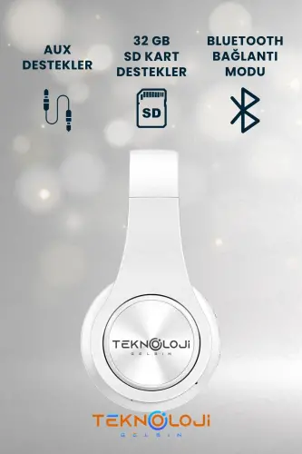 Kablosuz Bluetooth Mikrofonlu Kulaküstü Kulaklık Led Işıklı Katlanabilir Beyaz-BEYAZ - 4