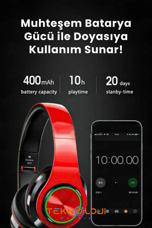 Kablosuz Bluetooth Mikrofonlu Kulaküstü Kulaklık Led Işıklı Katlanabilir Beyaz-BEYAZ - 7