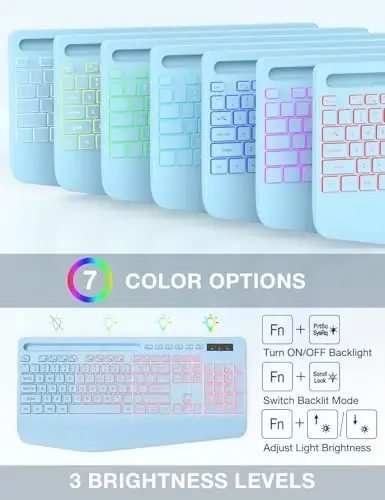 Kablosuz Klavye ve Fare Kombinasyonu, 9 Arka Işık Efekti, Bilek Desteği, Telefon Tutucu, 3 DPI Hızı, 2.4G Ergonomik Klavyeler, Bilgisayar, Dizüstü Bilgisayar, Mac, Windows için KM22 MAX Şarj Edilebilir Sessiz Set, Mavi-SABLUTE - 3