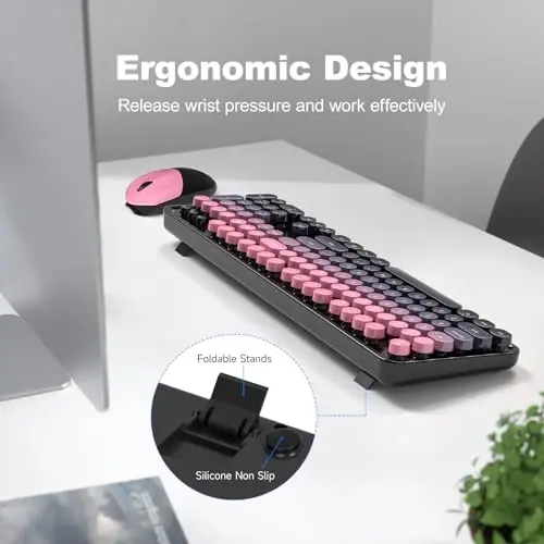 Wireless Keyboard and Mouse Combo - GEEZER Rose-Pink Gradient Full-Sized Colorful Keyboard 104 Keys - USB 2.4 G Receiver Plug Play with Round Keycap Typewriter Keyboards, for Windows, PC, Laptop - 3