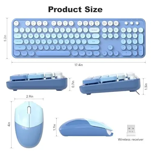 Wireless Keyboard and Mouse Combo - GEEZER Blue-Gradient Full-Sized Colorful Keyboard 104 Keys - USB 2.4 G Receiver Plug Play with Round Keycap Typewriter Keyboards, for Windows, PC, Laptop, Desktop - 3