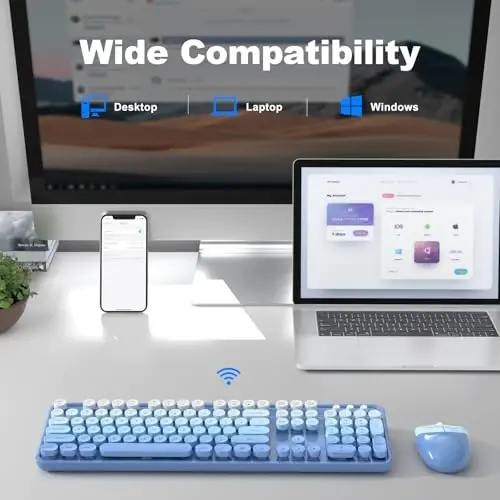 Wireless Keyboard and Mouse Combo - GEEZER Blue-Gradient Full-Sized Colorful Keyboard 104 Keys - USB 2.4 G Receiver Plug Play with Round Keycap Typewriter Keyboards, for Windows, PC, Laptop, Desktop - 4