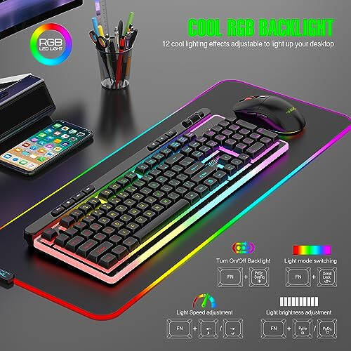 Kablosuz Klavye ve Fare Kombosu, Oyun Klavyesi Şarj Edilebilir Serin RGB Arka Aydınlatma, 7 Tuşlu Tam Boy Klavye Ergonomik Tasarım ile, Aydınlatmalı Oyun Faresi 3200 DPI PC Masaüstü/Dizüstü Bilgisayar/MAC için - 2