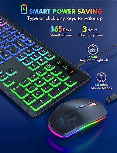 Kablosuz Klavye ve Fare Kombosu - RGB Arkaplan Aydınlatmalı, Şarj Edilebilir ve Işıklı Harfler, Tam Boy, Ergonomik Eğim Açısı, Uyku Modu, Mac, Windows, Dizüstü Bilgisayar, PC İçin 2.4GHz Sessiz Klavye Fare, Trueque - 3