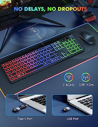 Kablosuz Klavye ve Fare Kombosu - RGB Arkaplan Aydınlatmalı, Şarj Edilebilir ve Işıklı Harfler, Tam Boy, Ergonomik Eğim Açısı, Uyku Modu, Mac, Windows, Dizüstü Bilgisayar, PC İçin 2.4GHz Sessiz Klavye Fare, Trueque - 4