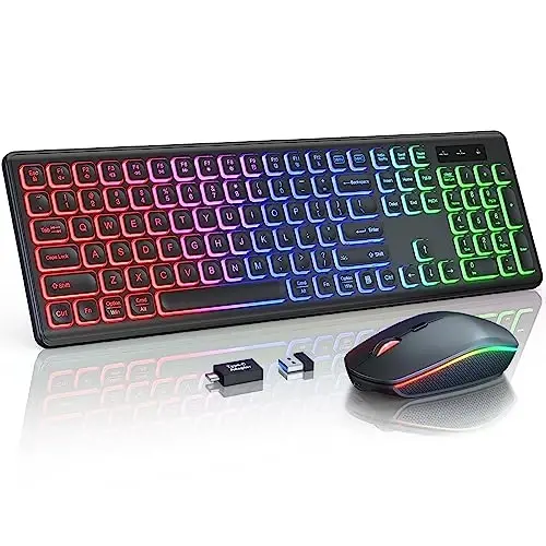 Wireless Keyboard and Mouse Combo, RGB Backlit, Rechargeable & Light Up Letters, Full-Size, Soft Typing, Sleep Mode, 2.4GHz Quiet Keyboard Set for Mac, Windows, Laptop, PC, Trueque KM42Pro (Black) - TRUEQUE
