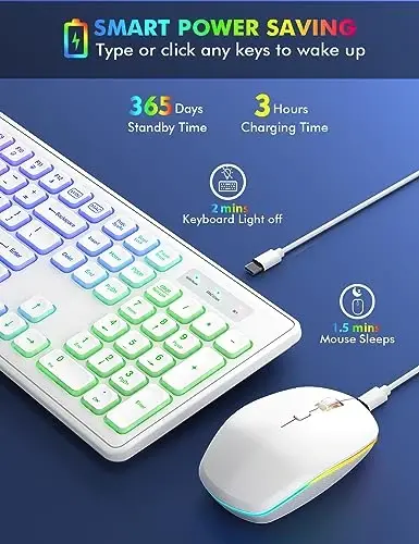 Wireless Keyboard and Mouse - RGB Backlit, Rechargeable & Light Up Letters, Full-Size, Ergonomic Tilt Angle, Sleep Mode, 2.4GHz Quiet Keyboard Mouse for Mac, Windows, Laptop, PC, Trueque(White) - 2