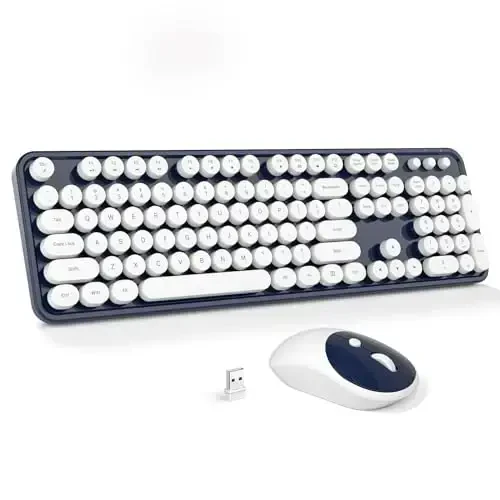 Wireless Keyboard and Mouse Combo - GEEZER Deepblue-White Full-Sized Colorful Keyboard 104 Keys - USB 2.4 G Receiver Plug and Play Round Keycap Typewriter Keyboards, for Windows, PC, Laptop, Desktop 