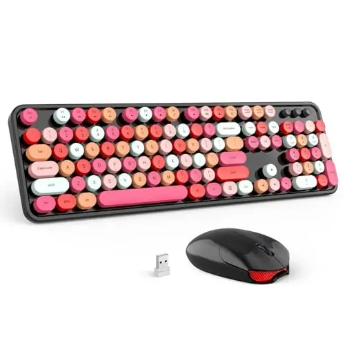 Wireless Keyboard and Mouse Combo - GEEZER Watermelon Pink Colorful Round Keycap Keyboard 100 Keys - USB 2.4G Receiver Plug Play Typewriter Keyboards for Windows, PC, Laptop, Desktop 