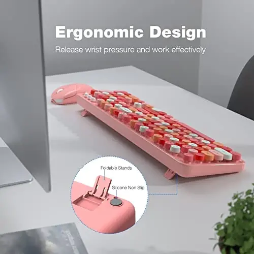 Wireless Keyboard and Mouse Combo - GEEZER Peach Pink Full-Sized Colorful Keyboard 104 Keys - USB 2.4 G Receiver Plug and Play with Round Keycap Typewriter Keyboards, for Windows, PC, Laptop, Desktop - 5
