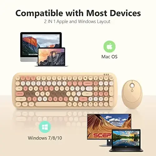 Wireless Keyboard and Mouse Combo - GEEZER Pale Coffee Colorful Round Keycap Keyboard 100 Keys - USB 2.4G Receiver Plug Play Typewriter Keyboards for Windows, PC, Laptop, Desktop - 5