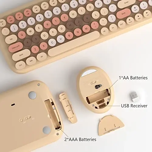 Wireless Keyboard and Mouse Combo - GEEZER Pale Coffee Colorful Round Keycap Keyboard 100 Keys - USB 2.4G Receiver Plug Play Typewriter Keyboards for Windows, PC, Laptop, Desktop - 6