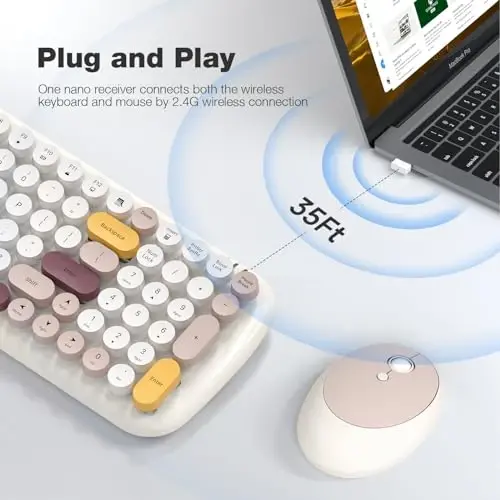 Wireless Keyboard and Mouse Combo - GEEZER Pale Milkwhite Colorful Round Keycap Keyboard 100 Keys - USB 2.4G Receiver Plug Play Typewriter Keyboards for Windows, PC, Laptop, Desktop - 2