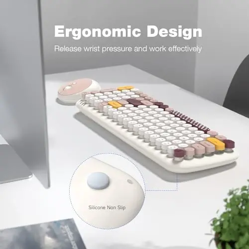 Wireless Keyboard and Mouse Combo - GEEZER Pale Milkwhite Colorful Round Keycap Keyboard 100 Keys - USB 2.4G Receiver Plug Play Typewriter Keyboards for Windows, PC, Laptop, Desktop - 3
