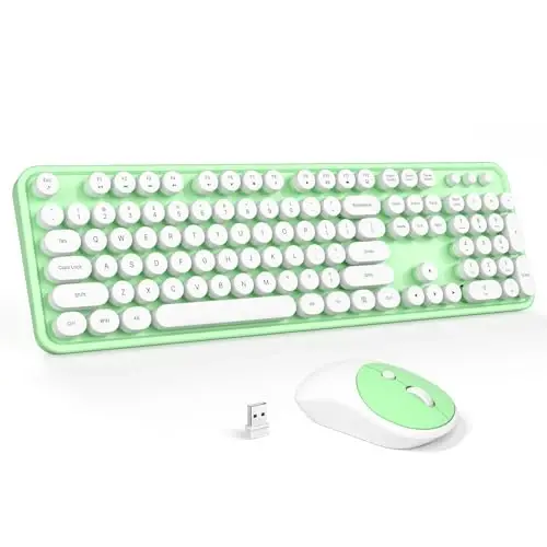 Wireless Keyboard and Mouse Combo - GEEZER Green-White Full-Sized Colorful Keyboard 104 Keys - USB 2.4 G Receiver Plug and Play with Round Keycap Typewriter Keyboards, for Windows, PC, Laptop, Desktop - 1