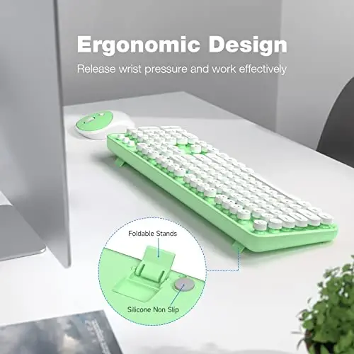 Wireless Keyboard and Mouse Combo - GEEZER Green-White Full-Sized Colorful Keyboard 104 Keys - USB 2.4 G Receiver Plug and Play with Round Keycap Typewriter Keyboards, for Windows, PC, Laptop, Desktop - 3