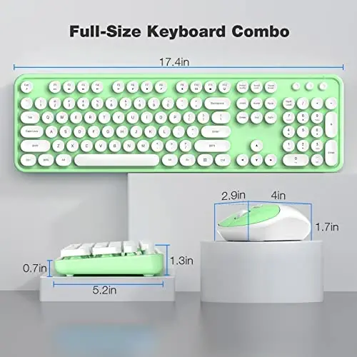 Wireless Keyboard and Mouse Combo - GEEZER Green-White Full-Sized Colorful Keyboard 104 Keys - USB 2.4 G Receiver Plug and Play with Round Keycap Typewriter Keyboards, for Windows, PC, Laptop, Desktop - 7