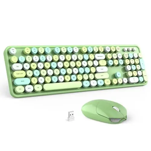 Wireless Keyboard and Mouse Combo - GEEZER Olive Green Full-Sized Colorful Keyboard 104 Keys - USB 2.4 G Receiver Plug and Play with Round Keycap Typewriter Keyboards, for Windows, PC, Laptop, Desktop - 1