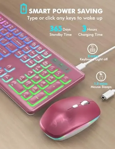 Wireless Keyboard and Mouse Combo - RGB Backlit, Rechargeable & Light Up Letters, Full-Size, Ergonomic Tilt Angle, Sleep Mode, 2.4GHz Quiet Keyboard Mouse for Mac, Windows, Laptop, PC - 3