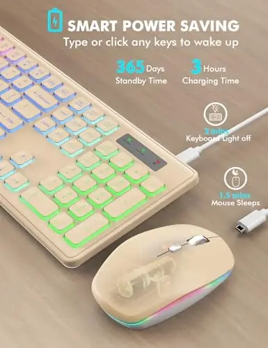 Wireless Keyboard and Mouse Combo, RGB Backlit, Rechargeable & Light Up Letters, Full-Size, Soft Typing, Sleep Mode, 2.4GHz Quiet Keyboard Set for Mac, Windows, Laptop, PC, Trueque (Warm Sand) - 3