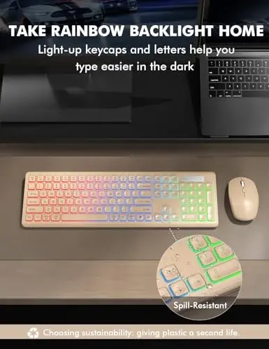 Wireless Keyboard and Mouse Combo, RGB Backlit, Rechargeable & Light Up Letters, Full-Size, Soft Typing, Sleep Mode, 2.4GHz Quiet Keyboard Set for Mac, Windows, Laptop, PC, Trueque (Warm Sand) - 6