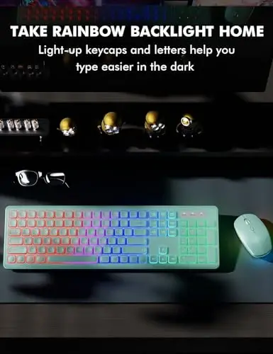 Wireless Keyboard and Mouse Combo - RGB Backlit, Rechargeable & Light Up Letters, Full-Size, Ergonomic Tilt Angle, Sleep Mode, 2.4GHz Quiet Keyboard Mouse for Mac, Windows, Laptop, PC, Mint Green - 5
