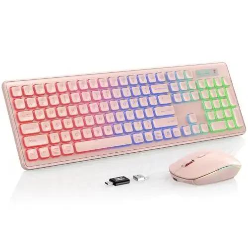 Wireless Keyboard and Mouse Combo, RGB Backlit, Rechargeable & Light Up Letters, Full-Size, Soft Typing, Sleep Mode, 2.4GHz Quiet Keyboard Set for Mac, Windows, Laptop, PC, Trueque (Pink) - 6