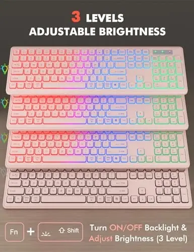 Wireless Keyboard and Mouse Combo, RGB Backlit, Rechargeable & Light Up Letters, Full-Size, Soft Typing, Sleep Mode, 2.4GHz Quiet Keyboard Set for Mac, Windows, Laptop, PC, Trueque (Pink) 