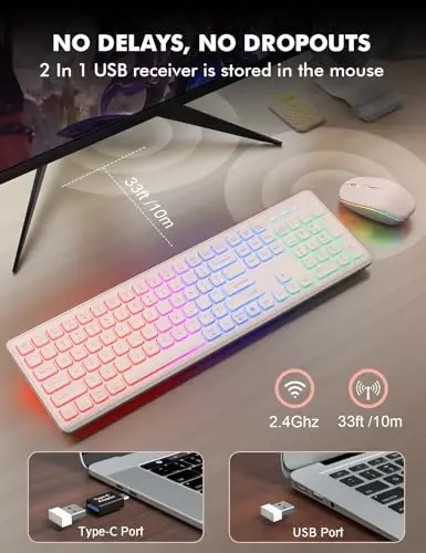 Wireless Keyboard and Mouse Combo - RGB Backlit, Rechargeable & Light Up Letters, Full-Size, Ergonomic Tilt Angle, Sleep Mode, 2.4GHz Quiet Keyboard Mouse for Mac, Windows, Laptop, PC, Trueque, Pink - 4
