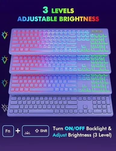 Wireless Keyboard and Mouse Combo, RGB Backlit, Rechargeable & Light Up Letters, Full-Size, Soft Typing, Sleep Mode, 2.4GHz Quiet Keyboard Set for Mac, Windows, Laptop, PC, Trueque (Purple) 