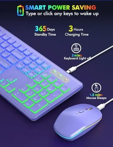 Wireless Keyboard and Mouse Combo, RGB Backlit, Rechargeable & Light Up Letters, Full-Size, Ergonomic Tilt Angle, Sleep Mode, 2.4GHz Quiet Keyboard Mouse for Mac, Windows, Laptop, PC, Trueque(Purple) - 2