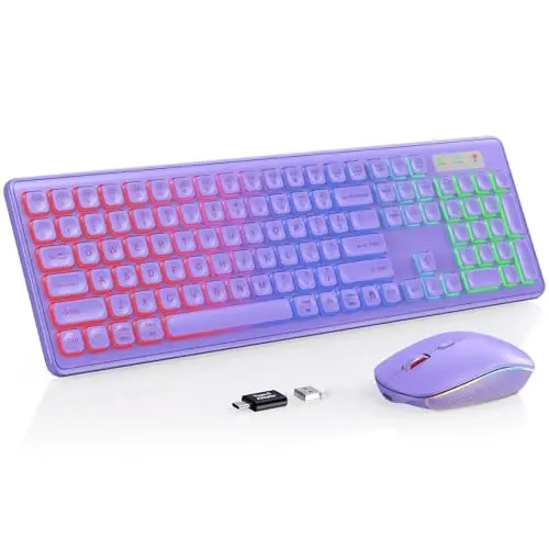 Wireless Keyboard and Mouse Combo, RGB Backlit, Rechargeable & Light Up Letters, Full-Size, Ergonomic Tilt Angle, Sleep Mode, 2.4GHz Quiet Keyboard Mouse for Mac, Windows, Laptop, PC, Trueque(Purple) - 5