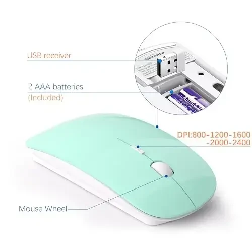 Wireless Keyboard and Mouse Ultra Slim Combo, TopMate 2.4G Silent Compact USB 2400DPI Mouse and Scissor Switch Keyboard Set with Cover, Batteries Included, for PC/Laptop/Windows/Mac - Mint Green - 4