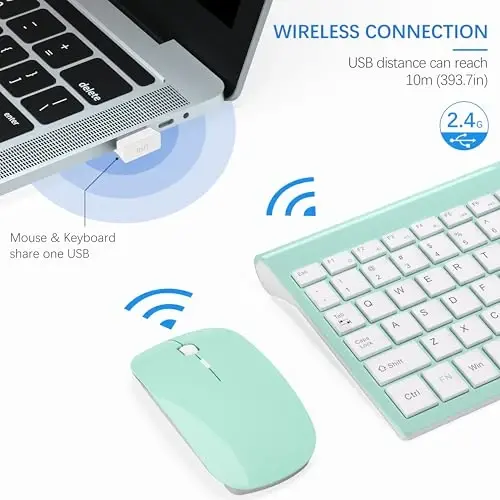 Wireless Keyboard and Mouse Ultra Slim Combo, TopMate 2.4G Silent Compact USB 2400DPI Mouse and Scissor Switch Keyboard Set with Cover, Batteries Included, for PC/Laptop/Windows/Mac - Mint Green - TOPMATE (1)
