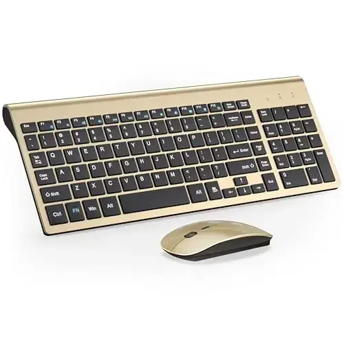 Wireless Keyboard and Mouse Ultra Slim Combo, TopMate 2.4G Silent Compact USB 2400DPI Mouse and Scissor Switch Keyboard Set with Cover, Batteries Included, for PC/Laptop/Windows/Mac - Gold Black - TOPMATE