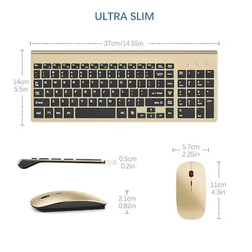 Wireless Keyboard and Mouse Ultra Slim Combo, TopMate 2.4G Silent Compact USB 2400DPI Mouse and Scissor Switch Keyboard Set with Cover, Batteries Included, for PC/Laptop/Windows/Mac - Gold Black - 6
