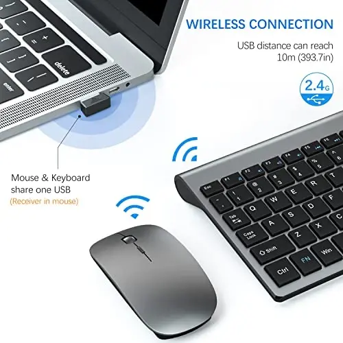Wireless Keyboard and Mouse Ultra Slim Combo, TopMate 2.4G Silent Compact USB 2400DPI Mouse and Scissor Switch Keyboard Set with Cover, Batteries Included, for PC/Laptop/Windows/Mac - Gray Black - 3