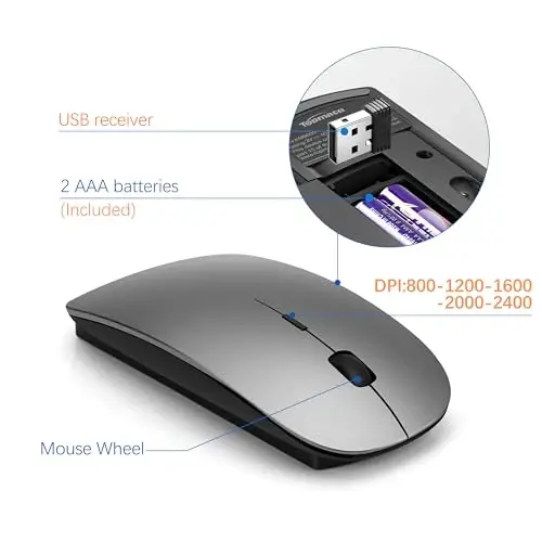 Wireless Keyboard and Mouse Ultra Slim Combo, TopMate 2.4G Silent Compact USB 2400DPI Mouse and Scissor Switch Keyboard Set with Cover, Batteries Included, for PC/Laptop/Windows/Mac - Gray Black - 4